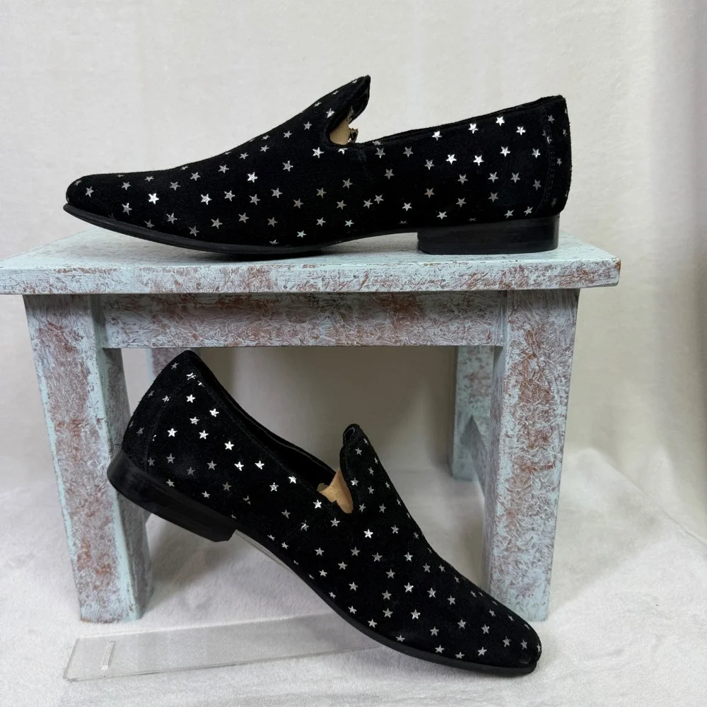 Walk London Loafers Mens 8 Black Suede Silver Star Print Slip On Dress Shoes